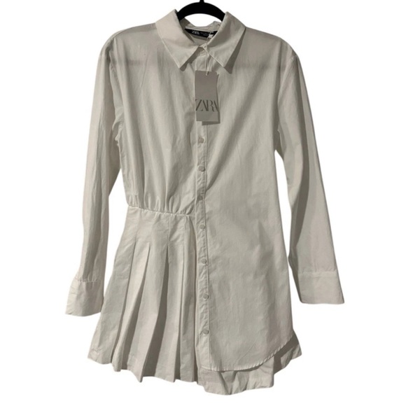 ZARA Pleated Skirt Button Down Shirt Dress in White Size XL - Picture 4 of 5